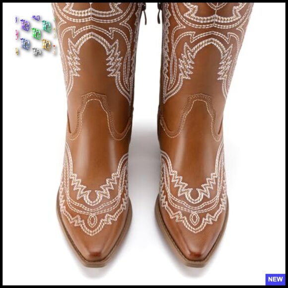 Western Cowboy Boots Square Toe Embroidery Mid Calf Retro Chic Heeled - Picture 5 of 7